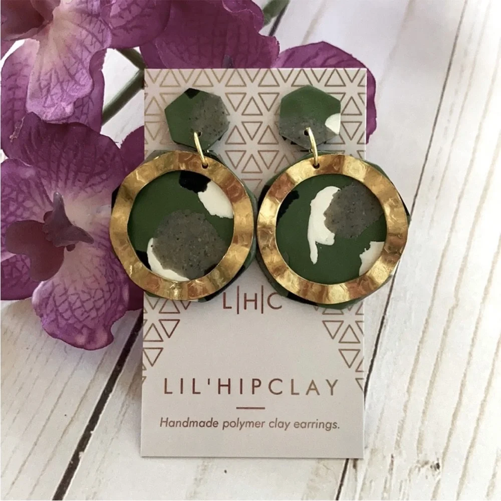 Camo Print & Hammered Gold Dangle Earrings - Picture 1 of 7